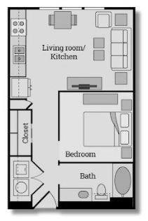 Floor plan for studio, 1 bath, 572 sqft